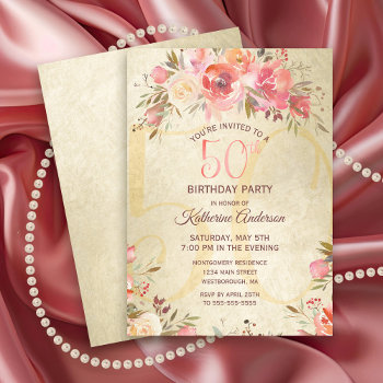 50th Birthday Floral Pink Roses Gold Shimmer Party Invitation by ilovedigis at Zazzle