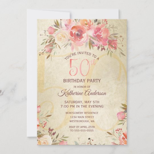 50th Birthday Floral Pink Roses Gold Shimmer Party Invitation | Zazzle.com