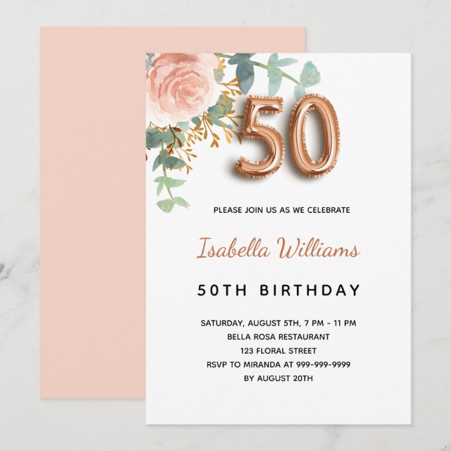 50th birthday floral rose gold eucalyptus greenery invitation (Front/Back)