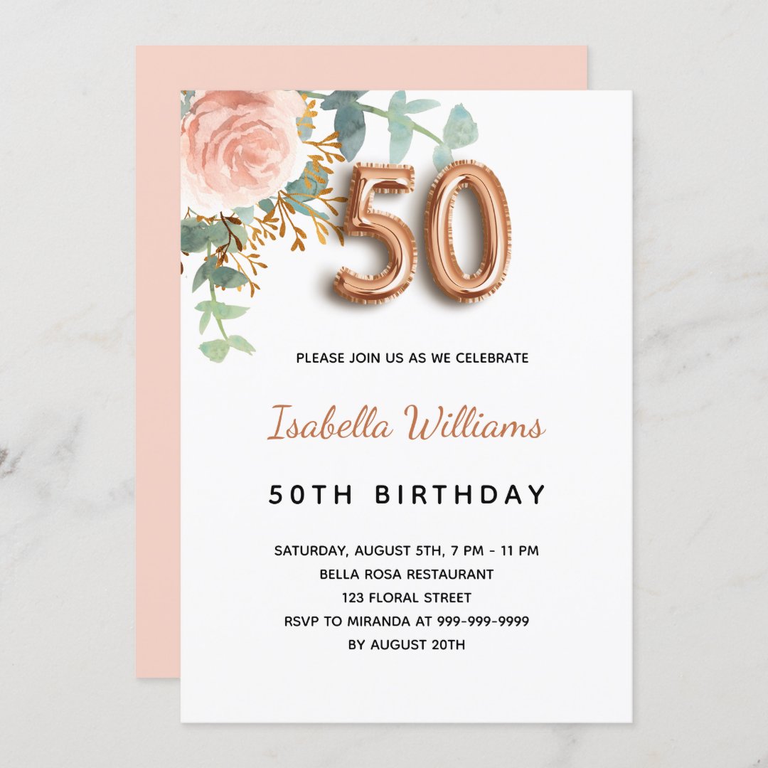 50th birthday floral rose gold eucalyptus greenery invitation | Zazzle