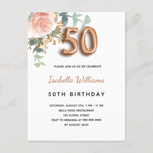 50th birthday floral rose gold eucalyptus greenery invitation postcard