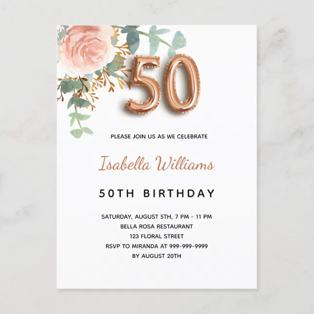 50th birthday floral rose gold eucalyptus greenery invitation postcard ...