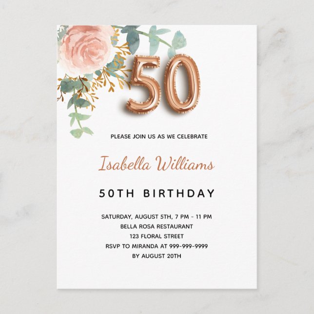 50th birthday floral rose gold eucalyptus greenery invitation postcard (Front)