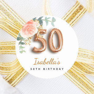 50th birthday floral rose gold eucalyptus monogram classic round sticker