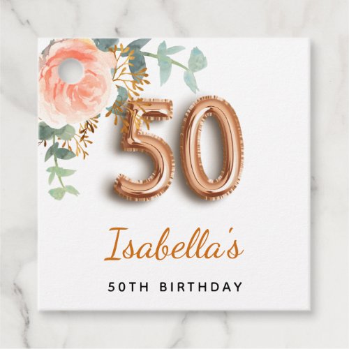 50th birthday floral rose gold eucalyptus monogram favor tags