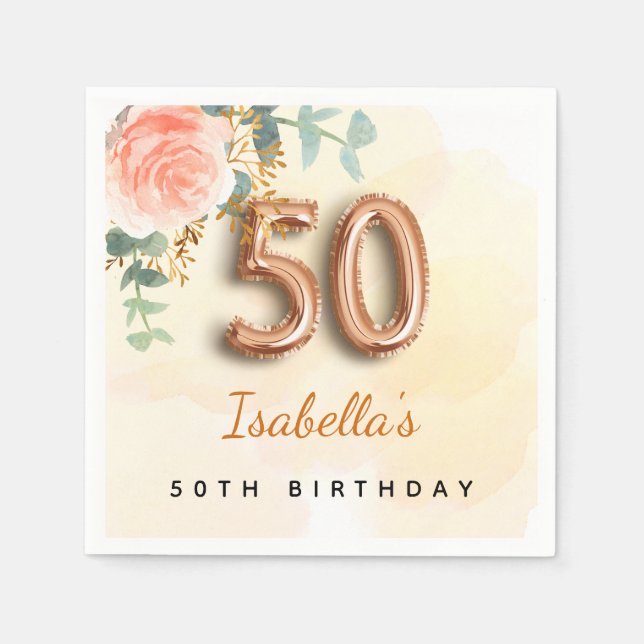 50th birthday floral rose gold eucalyptus monogram napkins (Front)