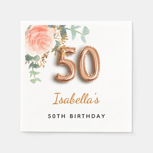 50th birthday floral rose gold eucalyptus monogram napkins