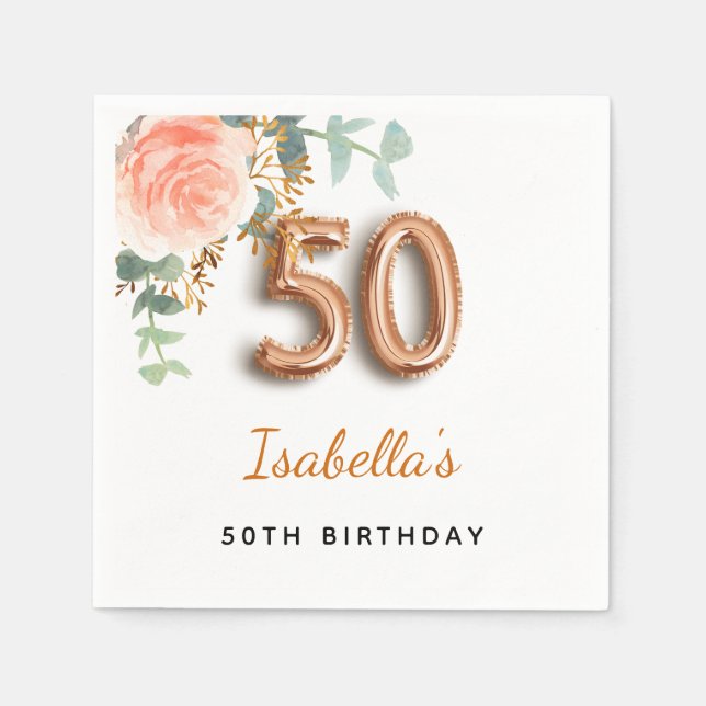 50th birthday floral rose gold eucalyptus monogram napkins (Front)