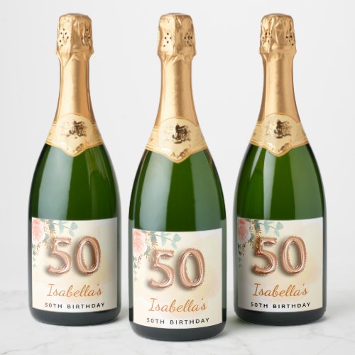 50th birthday floral rose gold eucalyptus monogram sparkling wine label