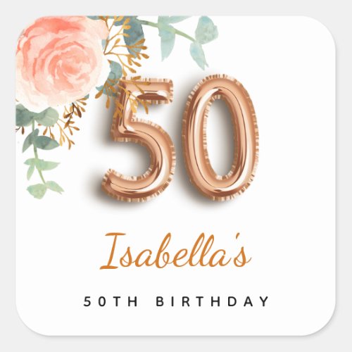 50th birthday floral rose gold eucalyptus monogram square sticker