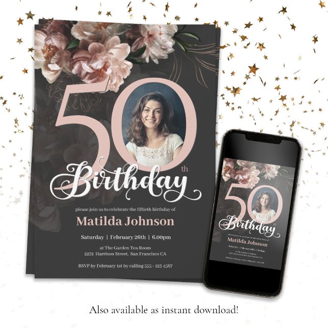 50th Birthday Floral Soft Pink Lush Elegant Photo Invitation (50th Birthday Floral Soft Pink Lush Elegant Photo Invitation)