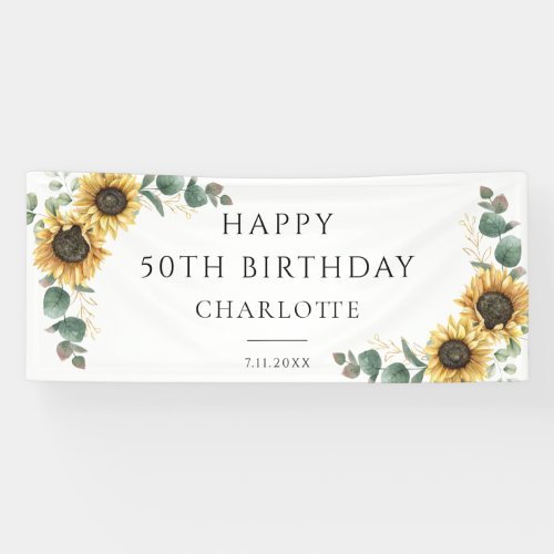  50th Birthday Floral Sunflower Eucalyptus Party Banner