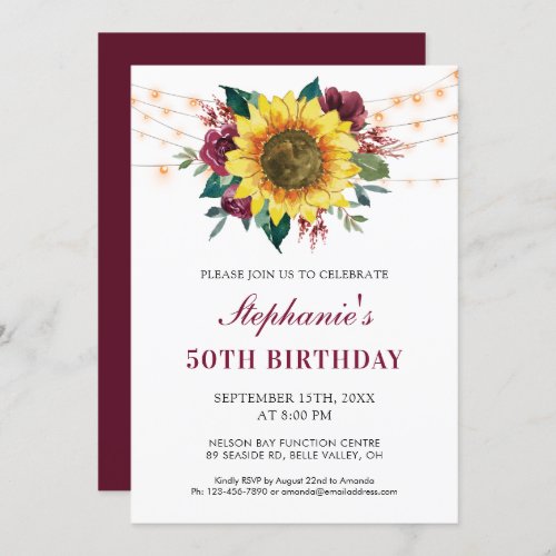 50th Birthday Floral Sunflower String Lights Party Invitation