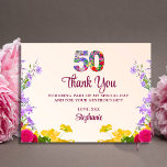 50th birthday floral thanks modern 50 years party postcard<br><div class="desc">50th birthday floral thanks modern 50 years party Postcard. Show your gratitude in style with this elegant 50th birthday thank you card featuring vibrant floral accents and a heartfelt message. The front of the card displays a large "50" in colorful floral design and the words "Thank You" in a bold...</div>