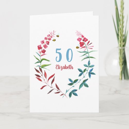 50th Birthday Floral Watercolor Red Blue flowers Card