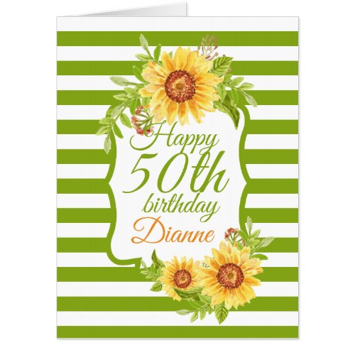 50th Birthday Floral Watercolor Sunflower Green Card