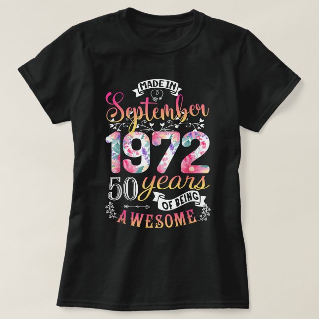 50th Birthday Flowers Gift for Women Born in Septe T-Shirt (Design Front)
