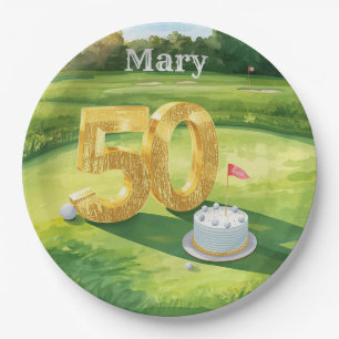 50th Birthday for golfer with golf ball and flower Paper Plates