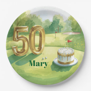 50th Birthday for golfer with golf ball and flower Paper Plates