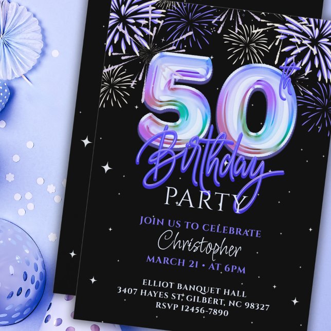 50th Birthday for Him Blue Fireworks Foil Balloon  Invitation (Creator Uploaded)