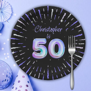 50th Birthday for Him Blue Fireworks Foil Balloon Paper Plates