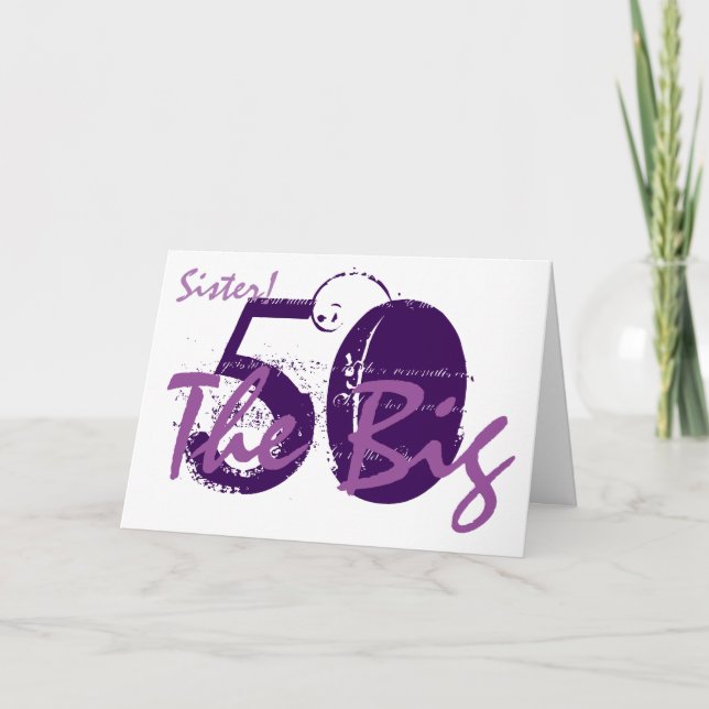 50th Birthday for sister, purple text on white. Card (Front)