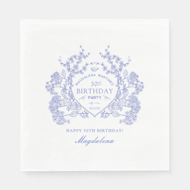 50th Birthday French Blue Floral Crest Custom Napkins (Front)