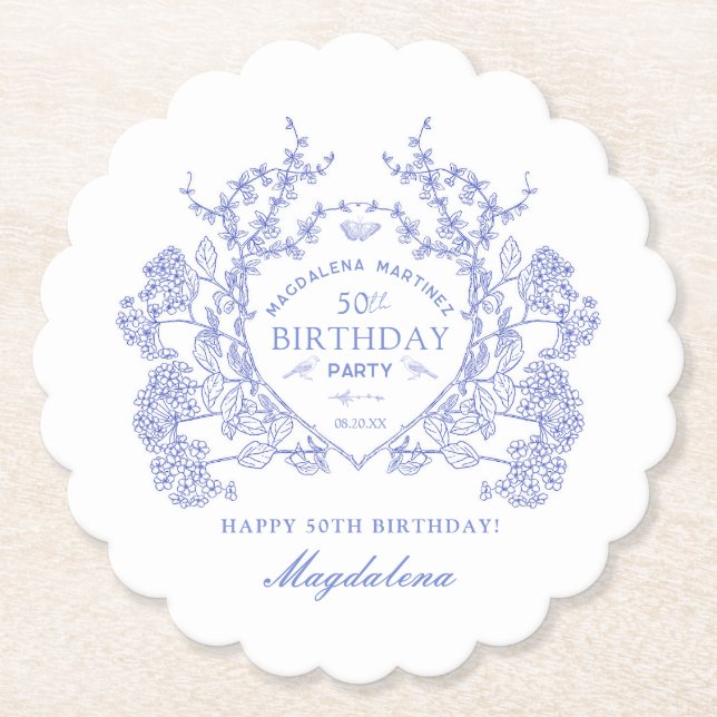 50th Birthday French Blue Floral Crest Custom Paper Coaster (Front)