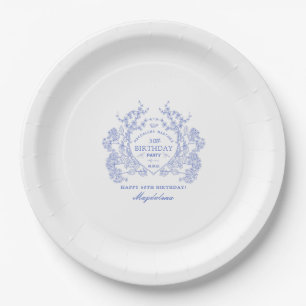 50th Birthday French Blue Floral Crest Custom Paper Plates