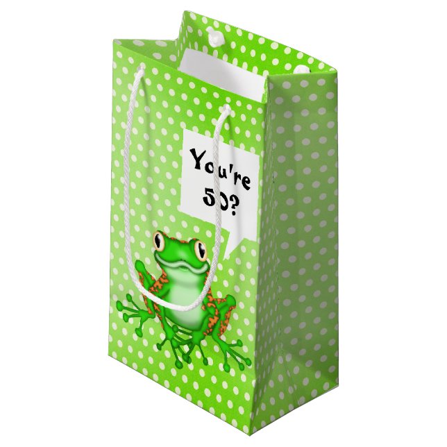 50th Birthday Frog on Polka Dots  Small Gift Bag (Front Angled)