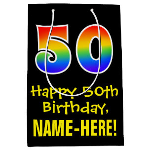 50th Birthday: Fun, Bold, Colorful, Rainbow "50" Medium Gift Bag