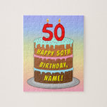 [ Thumbnail: 50th Birthday: Fun Cake and Candles + Custom Name Jigsaw Puzzle ]