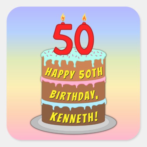 50th Birthday Fun Cake and Candles  Custom Name Square Sticker