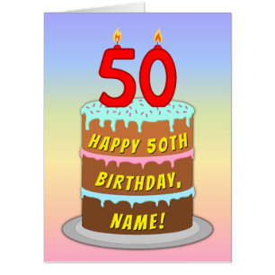 50th Birthday: Fun Cake & Candles, w/ Custom Name Card