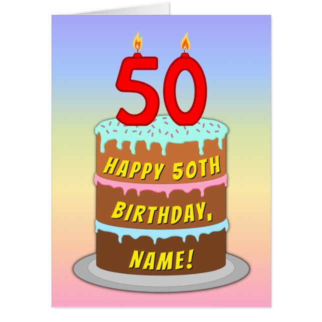 50th Birthday: Fun Cake & Candles, w/ Custom Name Card (Front)