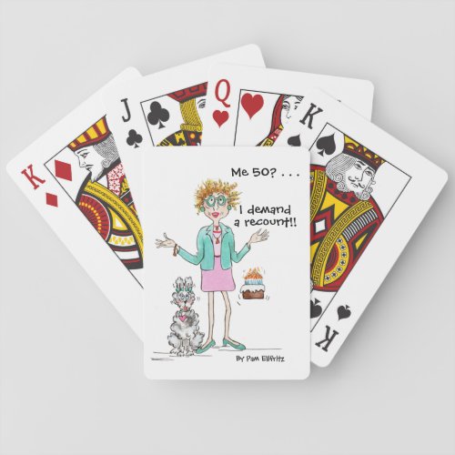 50th birthday fun drawing woman and dog in denial playing cards