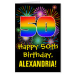 [ Thumbnail: 50th Birthday: Fun Fireworks Pattern & Rainbow 50 Card ]