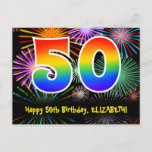 [ Thumbnail: 50th Birthday – Fun Fireworks Pattern + Rainbow 50 Postcard ]
