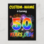 [ Thumbnail: 50th Birthday - Fun Fireworks, Rainbow Look "50" Postcard ]