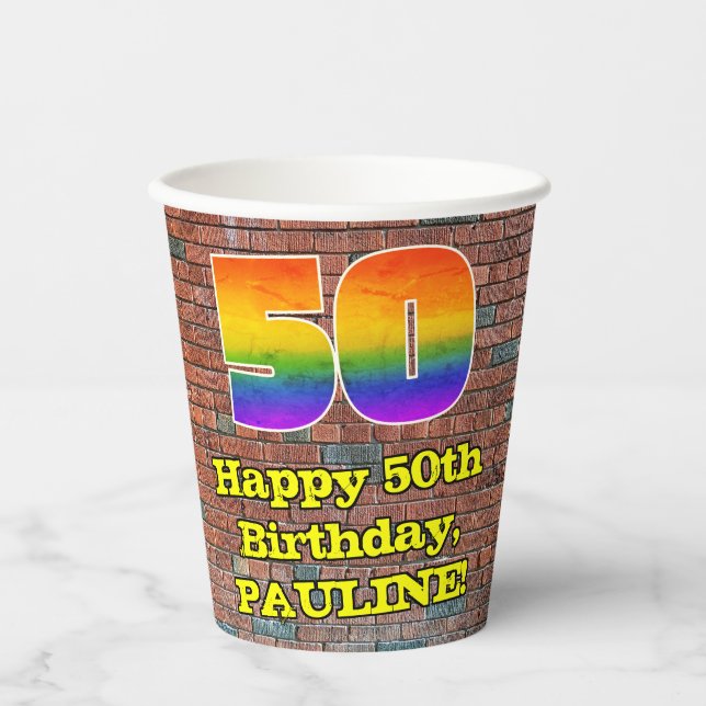 50th Birthday: Fun Graffiti-Inspired Rainbow 50 Paper Cups (Front)