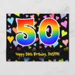 [ Thumbnail: 50th Birthday: Fun Hearts Pattern, Rainbow 50 Postcard ]