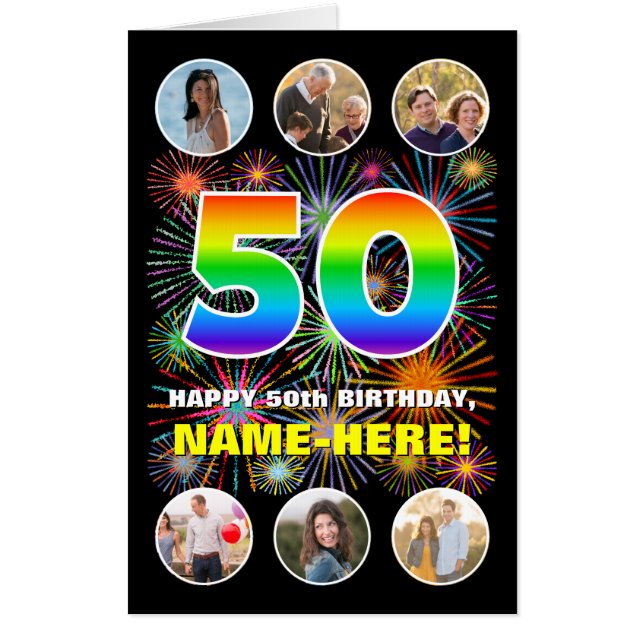 50th Birthday: Fun Rainbow #, Custom Name + Photos Card (Front)