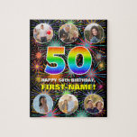 [ Thumbnail: 50th Birthday: Fun Rainbow #, Custom Name + Photos Jigsaw Puzzle ]