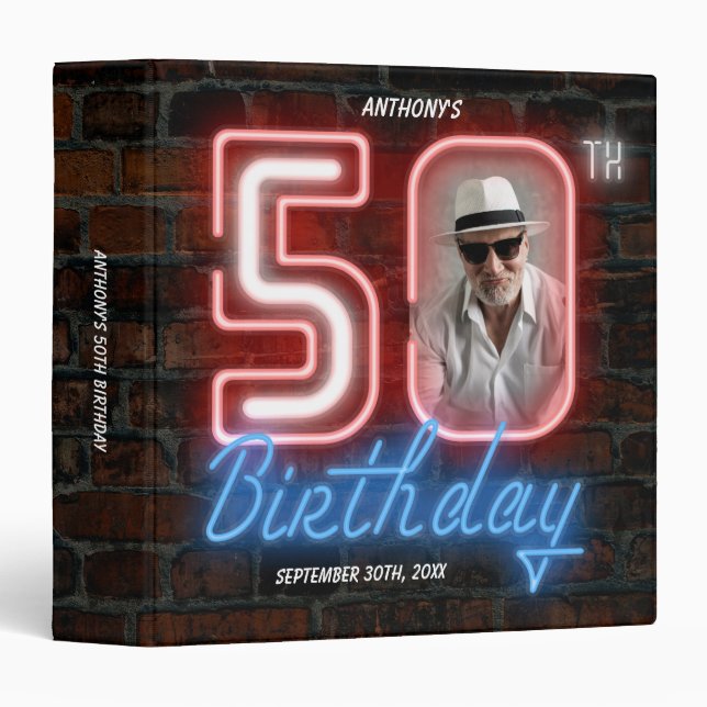 50th Birthday Fun Retro Neon Sign Custom Photo 3 Ring Binder (Front/Spine)