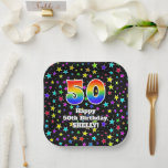 [ Thumbnail: 50th Birthday: Fun Stars Pattern and Rainbow “50” Paper Plates ]