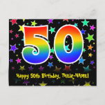 [ Thumbnail: 50th Birthday: Fun Stars Pattern, Rainbow 50, Name Postcard ]