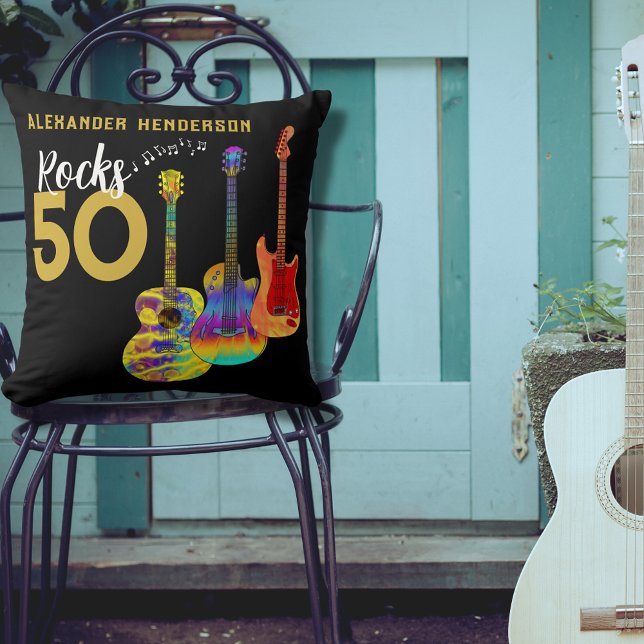50th birthday Funky Guitar Music For Him Throw Pillow (Custom Rocks 50 cool funky guitar black and gold 50th  birthday pillow)