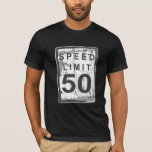 50th Birthday Funny Grungy Speed Limit Sign T-Shirt<br><div class="desc">Celebrate this milestone birthday with this fun shirt - battered and spattered old speed limit sign on the front proclaims a big "50" mph and on the back text reads,  "It's not the age,  it's the mileage".  Makes a great gift for any over the hill guy that loves cars.</div>