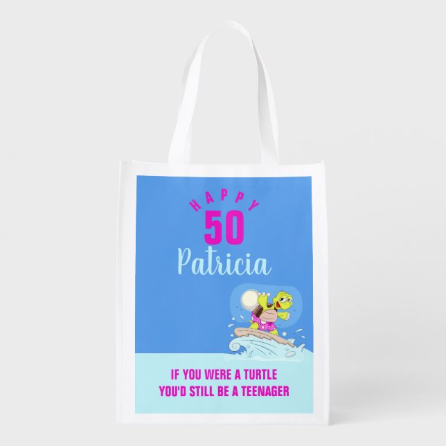 50th birthday funny quote name grocery bag (Back)