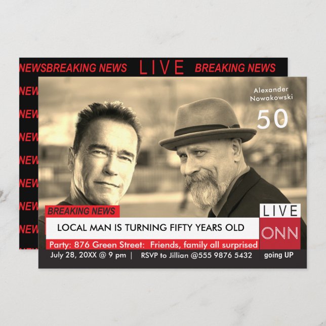 50th Birthday Funny TV News Arnold Schwarzenegger Invitation (Front/Back)